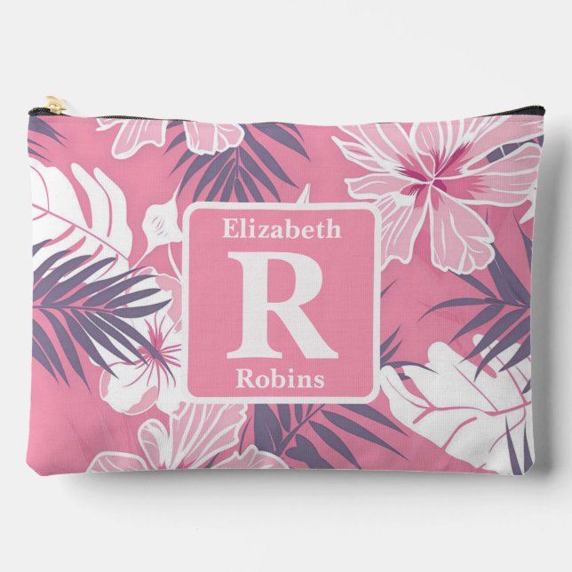Tropenrosa Hibiskus personalisiert Monogramm Zubehörtasche (Vorderseite)