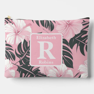 Tropenrosa Hibiskus personalisiert Monogramm Zubehörtasche