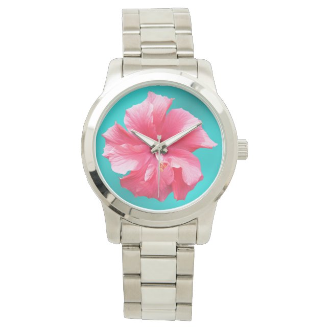 Tropenrosa Hibiskus Türkis Blau Armbanduhr (Vorderseite)