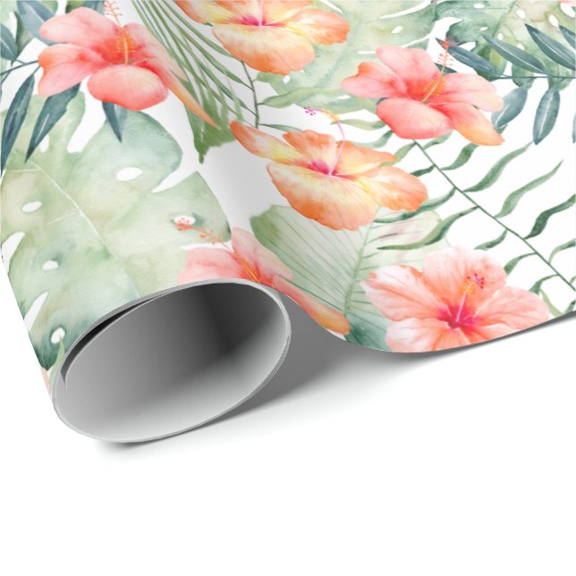 Tropenrosa Pfirsichpfirsiche Hibiskus Floral Geschenkpapier (Rolleneckpunkt)