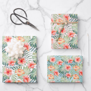 Tropenrosa Pfirsichpfirsiche Hibiskus Floral   Geschenkpapier Set
