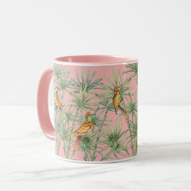 Tropenrosa Vögel Bamboo Chinoiserie Hübsch Tasse (Vorderseite Links)