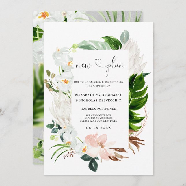 Tropenrosa Weiße Blüte | Verspätete Hochzeit Einladung (Vorne/Hinten)
