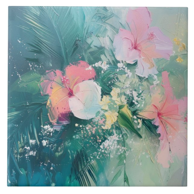 Tropenrosa Weiße Gelbe Blüte Fliese (Vorderseite)