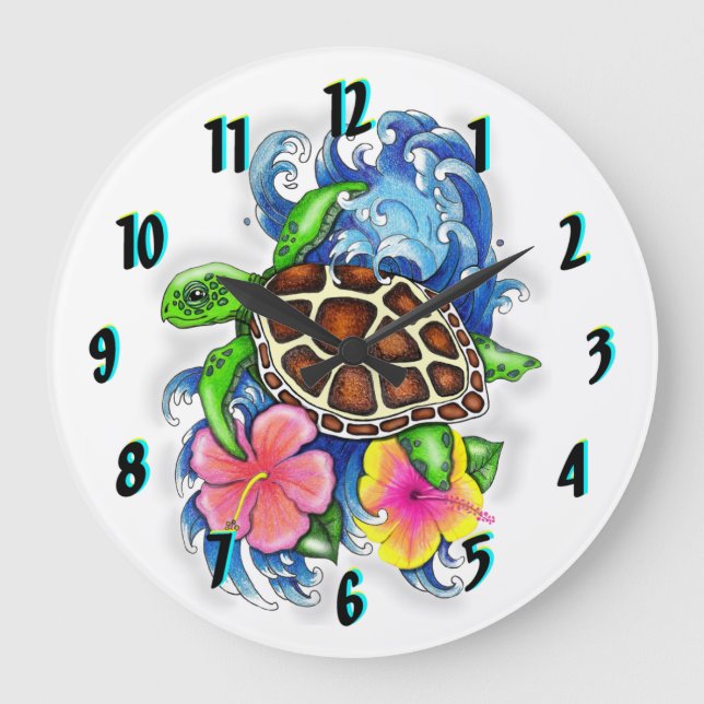 Tropenschildkröte mit Blume Große Wanduhr (Vorderseite)