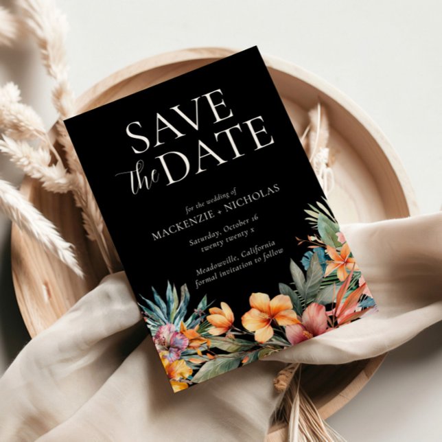 Tropenschwarz Save the Date Einladung (tropical wedding save the date black)