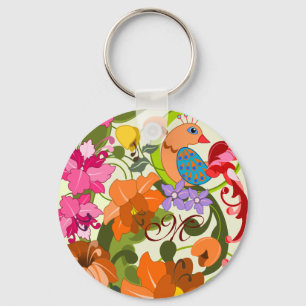 Tropenvogel und Damasken Blume Monogramm Schlüssel Schlüsselanhänger