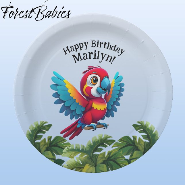 Tropenwald Dschungel Macaw Safari Parrot Bird Pappteller (Macaw Parrot 🌴 Tropical Bird ForestBabies Customizable Birthday Party Animal 9" Paper Plates)