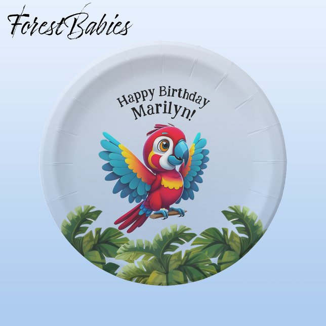 Tropenwald Dschungel Macaw Safari Parrot Bird Pappteller (Macaw Parrot 🌴 Tropical Bird ForestBabies Customizable Birthday Party Animal 7" Paper Plates)