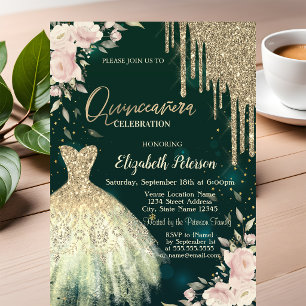Tropfen aus Gold, Glitzer, Kleid, Blumengrün, Quin Einladung