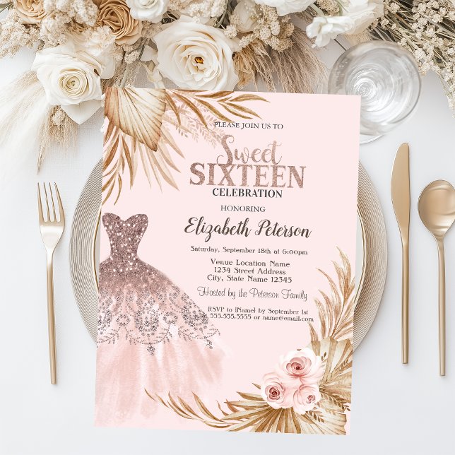 Tropfen aus hübschem Glitzer, Kleid, Pampas, Rosa  Einladung (Von Creator hochgeladen)