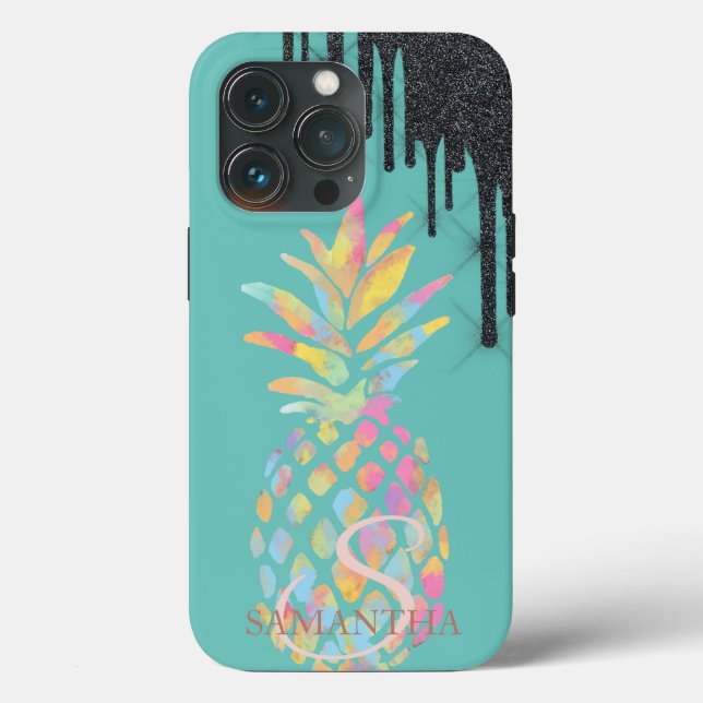 Tropfen aus schwarzem Glitzer Ananas Minze grün Case-Mate iPhone Hülle (Rückseite)