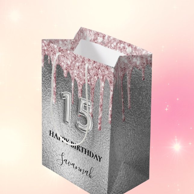 Tropfen aus Silberblättern, rosa Monogramm Mittlere Geschenktüte (Von Creator hochgeladen)