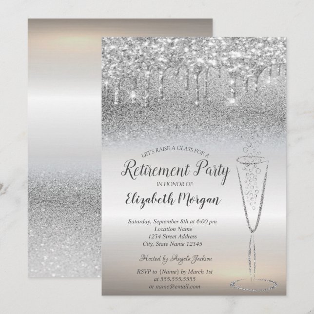 Tropfen aus Weinglas Silver Glitzer Bokeh Pensioni Einladung (Vorne/Hinten)