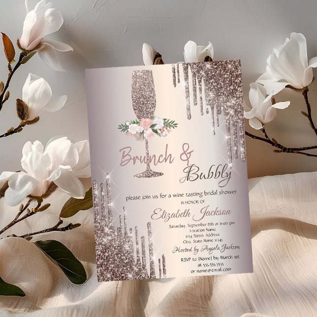 Tropfen Brunch & Bubbly Rose Gold Brautparty Einladung (Von Creator hochgeladen)