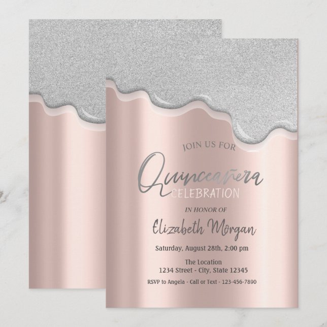 Tropfen des coolen Glitzer Rose Gold Quinceañera Einladung (Vorne/Hinten)