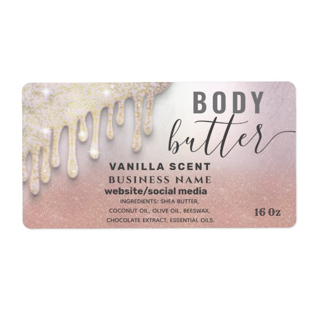 Tropfen funkeln glitzerndes Skript-Butterlabel (Vorne)