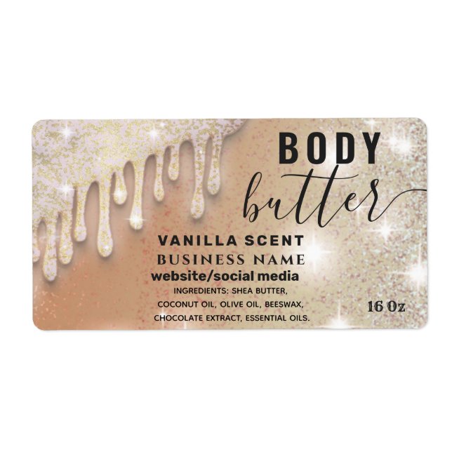 Tropfen funkeln glitzerndes Skript-Butterlabel (Vorne)