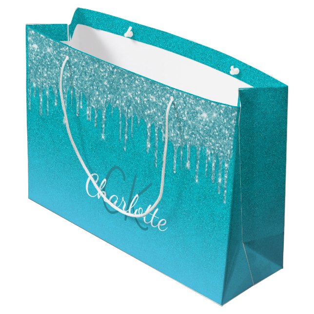 Tropfen für aquamarine blaue Glitzer-Monogramm-Fun Große Geschenktüte (Rückseite Schrägansicht)