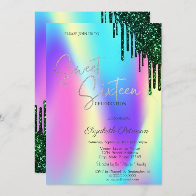 Tropfen für grünen Glitzer Holografisches Sweet 16 Einladung (Vorne/Hinten)