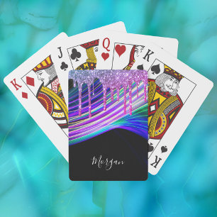 Tropfen für lila Glitzer, Lichtstrahlen, Name auf  Spielkarten