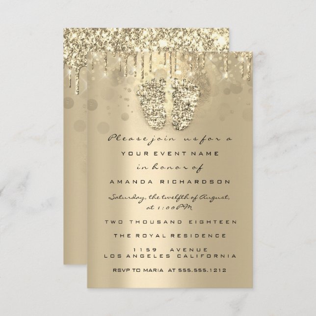 Tropfen Glitzer Baby Dusche Feet Sepia Dots Girl B Einladung (Vorne/Hinten)