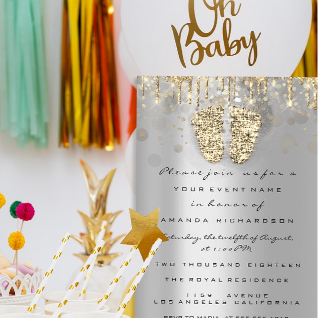 Tropfen Glitzer Baby Shower Feet Gold Gray Girl Bo Einladung (Drips Glitter Baby Shower Feet Gold Gray Girl Boy Invitation)