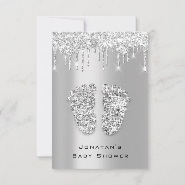 Tropfen Glitzer Baby Shower Feet SilverGray Girl B Einladung (Rückseite)
