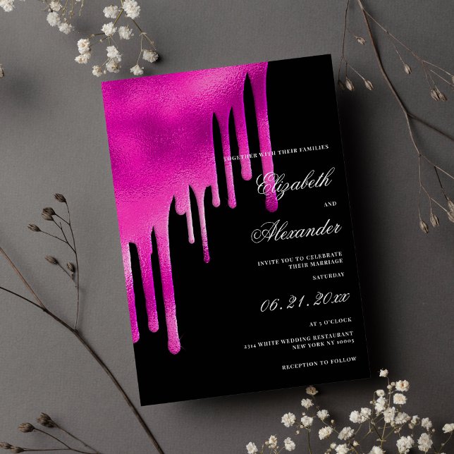 Tropfen Hochzeitsfeiern in Rosa Einladung (Hot pink black watercolor gradient drips wedding)