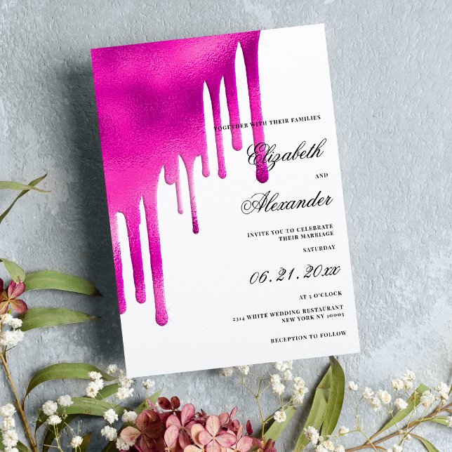 Tropfen Hochzeitsfeiern mit weißem, rosa Wasser Einladung (White hot pink watercolor gradient drips wedding)