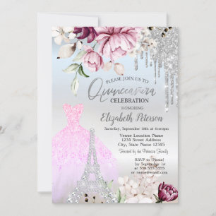 Tropfen,Kleid,Eiffelturm Fliederrosen Quinceañera Einladung