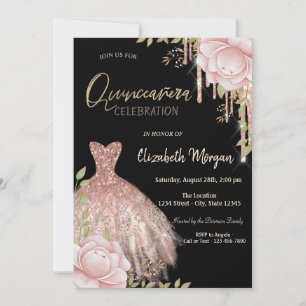 Tropfen Kleid Rosa Blumen Schwarze Quinceañera  Einladung