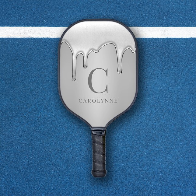 Tropfen mit flüssigem Chrome Silver Metal Monogram Pickleball Schläger (Liquid Chrome Drips Silver Metal Monogram Pickleball Paddle)
