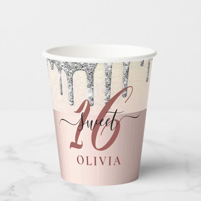 Tropfen mit funkelnd Glitzer Sweet 16 Sechzehn Pap Pappbecher (Vorderseite)