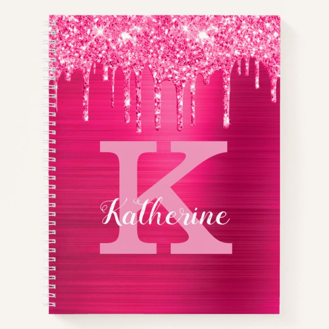 Tropfen mit Girl-Hot-Pink-Glitzer Cool Monogram-Na Notizbuch (Vorderseite)
