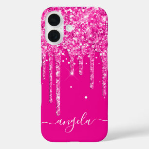 Tropfen mit Hot Pink Glitzer Glam Signatur iPhone 16 Hülle