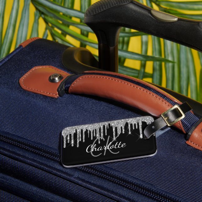 Tropfen mit Monogramm-Namen für Schwarzer Glitzer Gepäckanhänger (Vorderseite Insitu 3)