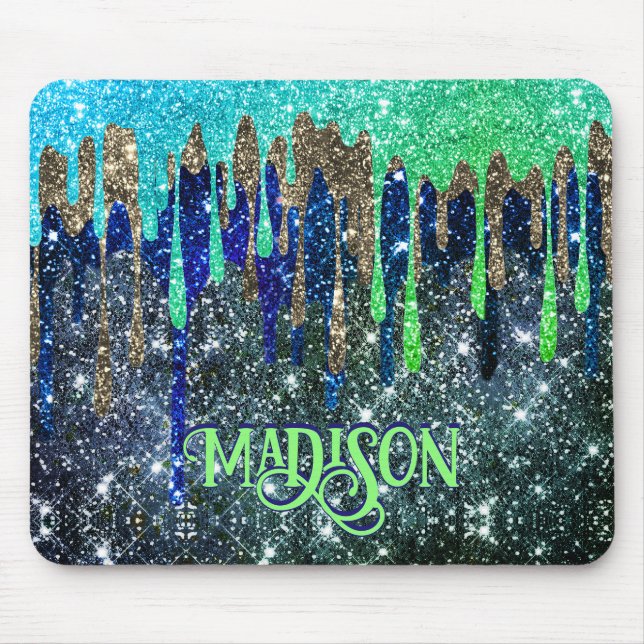 Tropfen monogramm für Whimsisblau-grüne Glitzer Mousepad (Vorne)