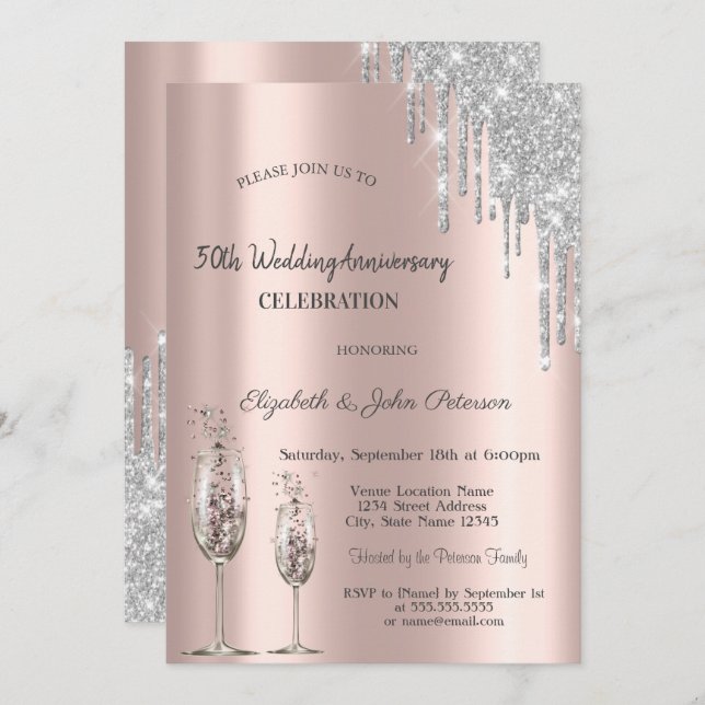 Tropfen Rose Weinglas Jubiläum Hochzeit Gold Einladung (Vorne/Hinten)