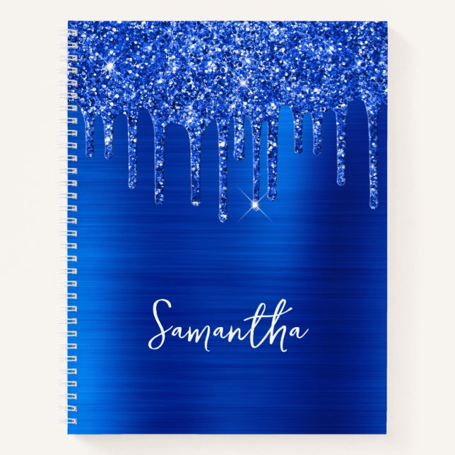 Tropfen Royal Blue Glitzer Glam Name Notizbuch (Vorderseite)