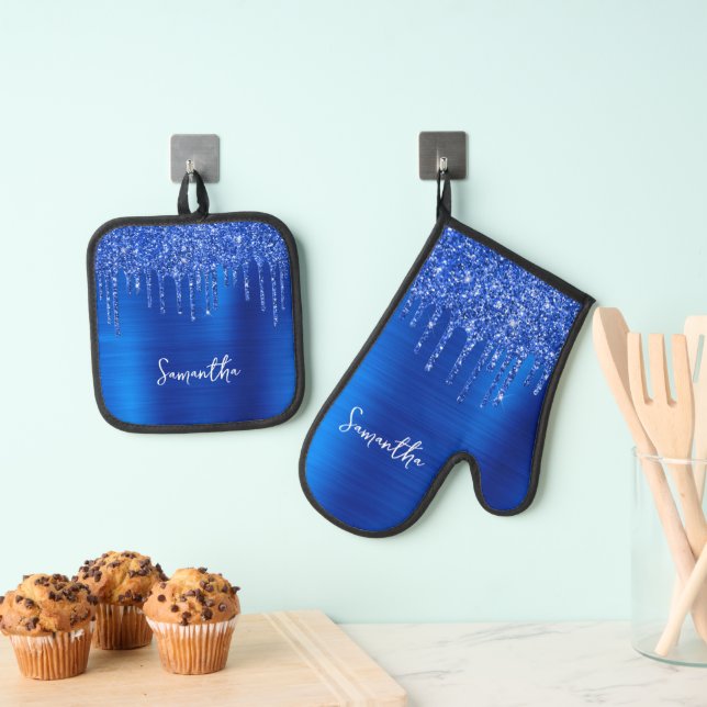 Tropfen Royal Blue Glitzer Glam Name Ofenhandschuh & Topflappen-Set (Insitu (Hängend))