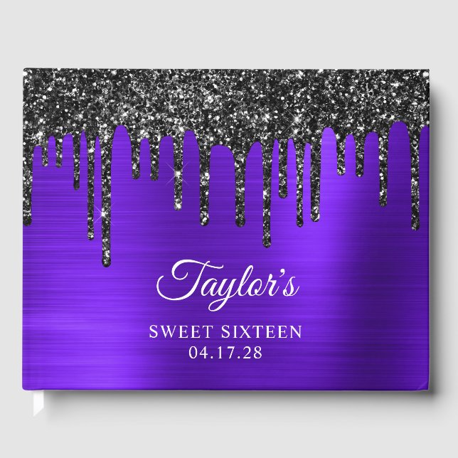 Tropfen Schwarzer Glitzer Violet Glam Sweet 16 Gästebuch (Vorderseite)