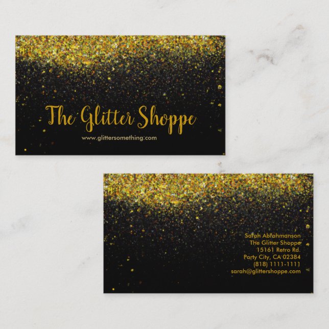 Tropfen-Visitenkarte für Schwarz und Gold Glitzer Visitenkarte (Vorne/Hinten)