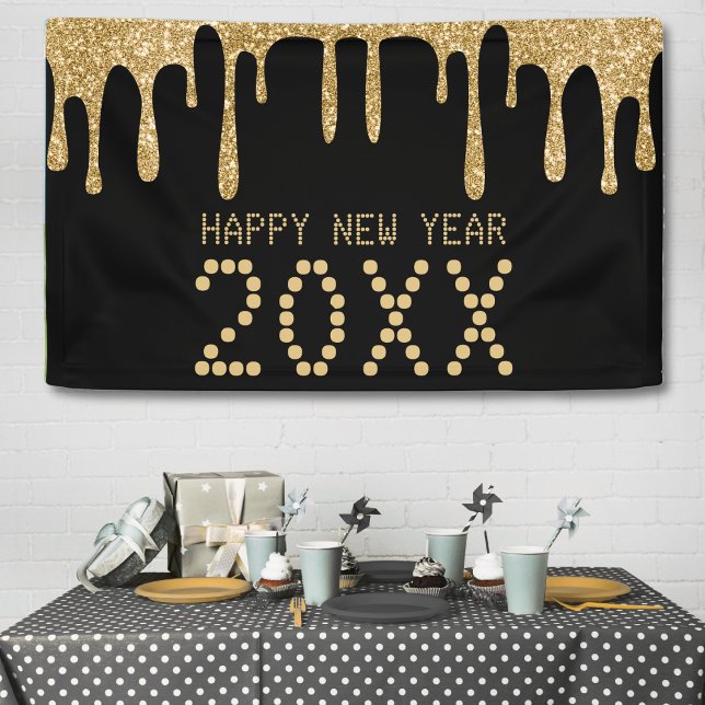 Tropfen von Black & Gold Glitzer - Frohes Neues Ja Banner (Black & Gold Glitter Drip Happy New Year 2024 Banner)