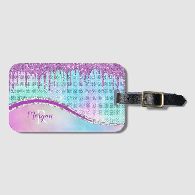 Tropfen von lila Glitzer, Irisierend, Name und Mon Gepäckanhänger (Vorderseite (Horizontal))