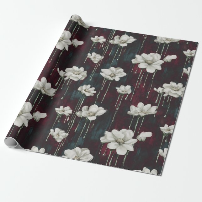 Tropfende florale dunkle Verpackung Geschenkpapier (Ungerollt)