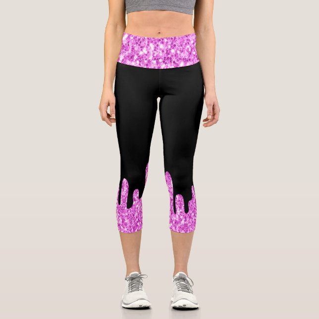 Tropfende Glitzern Glitzer Rosa Schwarz Capri Leggings (Vorderseite)