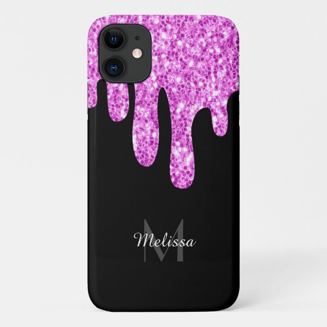 Tropfende Glitzern Glitzer Rosa Schwarze Monogramm Case-Mate iPhone Hülle (Rückseite)