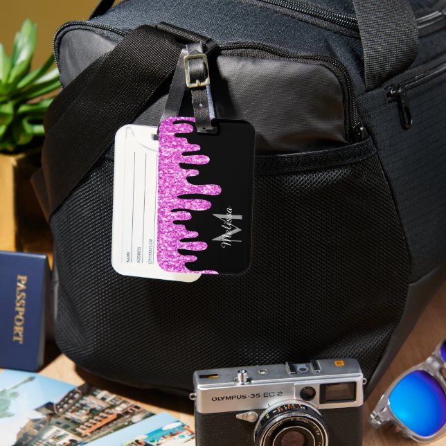 Tropfende Glitzern Glitzer Rosa Schwarze Monogramm Gepäckanhänger (Vorderseite & Rückseite)