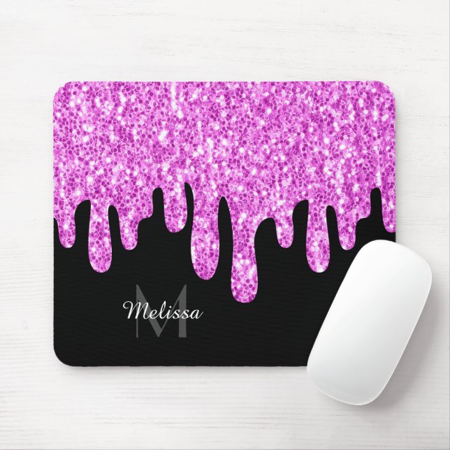 Tropfende Glitzern Glitzer Rosa Schwarze Monogramm Mousepad (Mit Mouse)